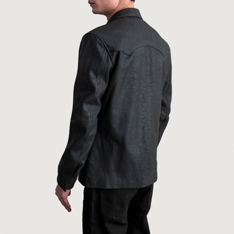 Mens Bronco Tumbled Black Leather Shirt Tilted Back-8-1724069048050